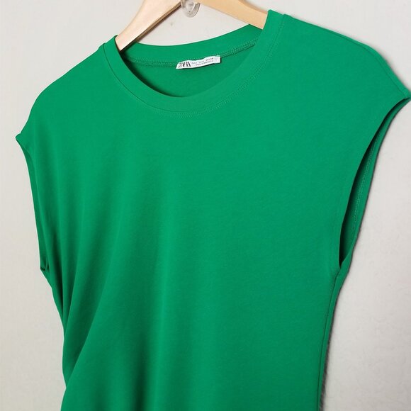 Zara Ribbed Knit Crew Neck Ruched Gathered Midi Dress L Cap Sleeves Kelly Green - Picture 4 of 12